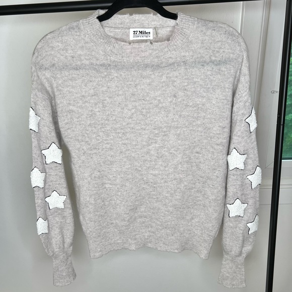 27 Miles Malibu Cashmere Star Patch Crewneck Lightly Distressed Sweater - Picture 10 of 14